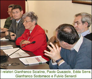Fulvio Senardi, Gianfranco Sodomaco, Gianfranco Scialino, Paolo Quazzolo e la coordinatrice Edda Serra all'«Incontro di studio» su Franco Vegliani, tenutosi a Trieste il 30 nov. 2006